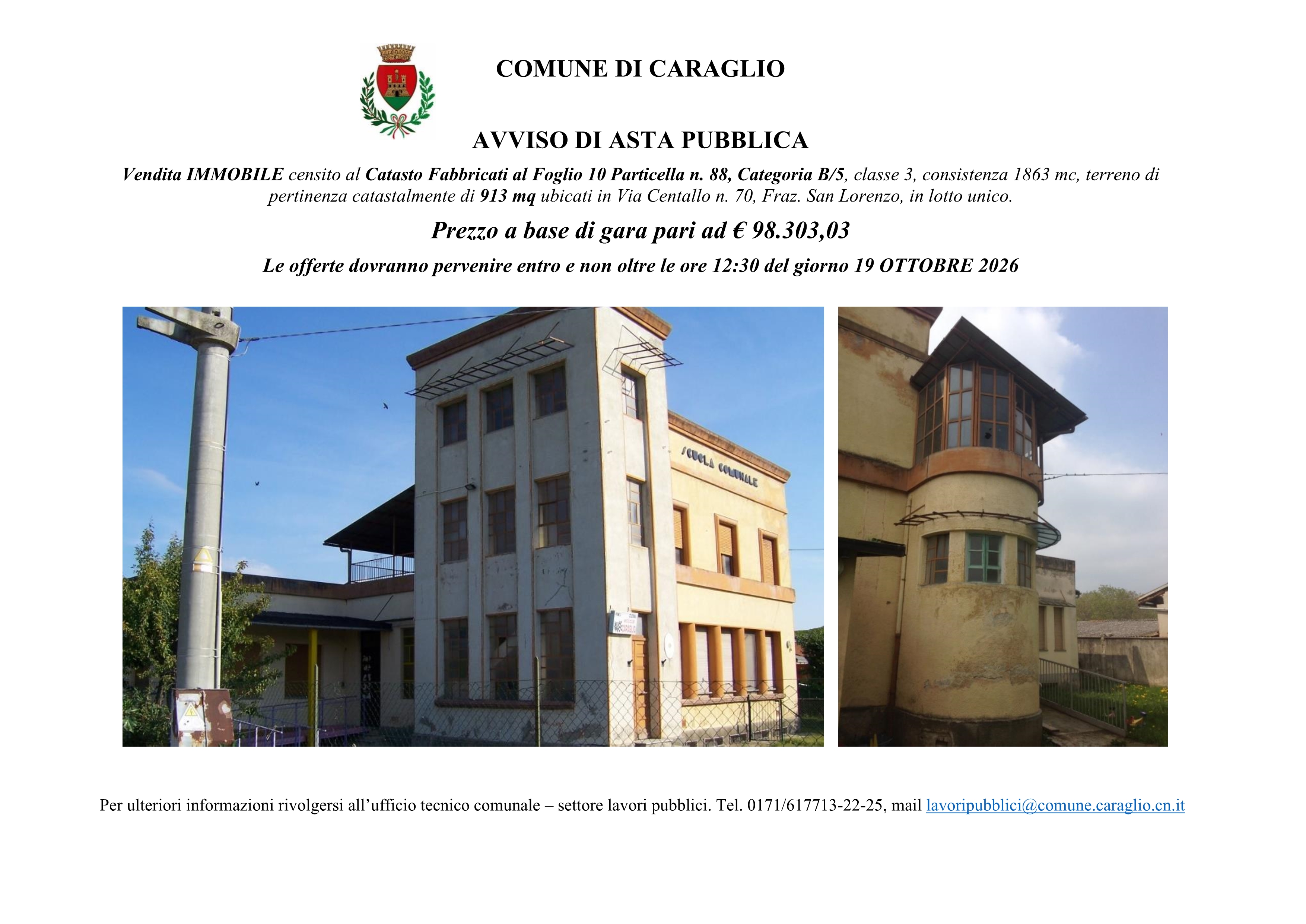 Avviso di asta pubblica dell'ex scuola di San Lorenzo