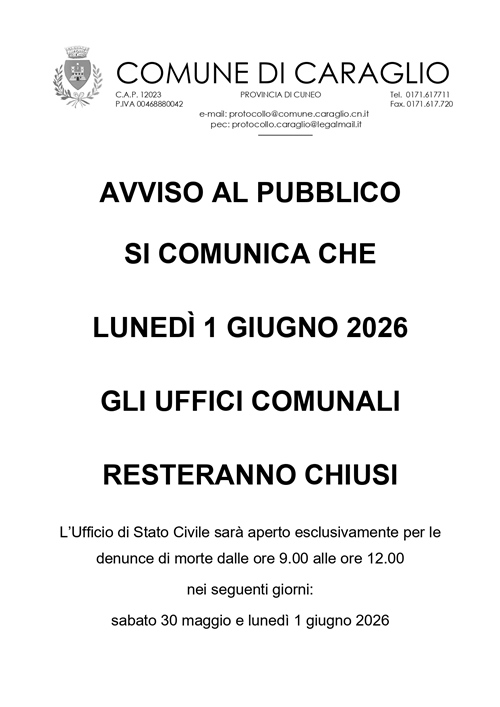 Chiusura uffici comunali lunedì 1 giugno 2026